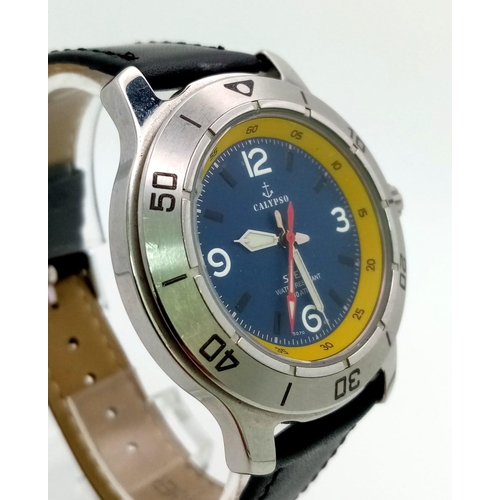 1569 - A Calypso Gents watch. Leather strap. Stainless steel case - 40mm. Blue and yellow dial. In working ... 