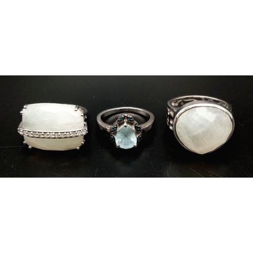 1547 - Three 925 Silver Gemstone Rings. All moonstone. Size N, P and O.