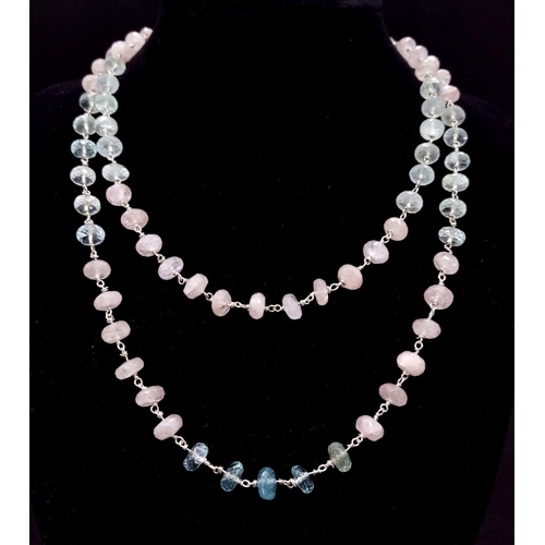 1539 - 925 Silver Rose Quartz, Aquamarine and Blue Topaz Necklace. 34.54g. 82cm in length. With 925 Silver ... 