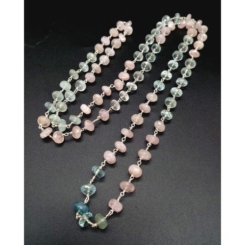 1539 - 925 Silver Rose Quartz, Aquamarine and Blue Topaz Necklace. 34.54g. 82cm in length. With 925 Silver ... 