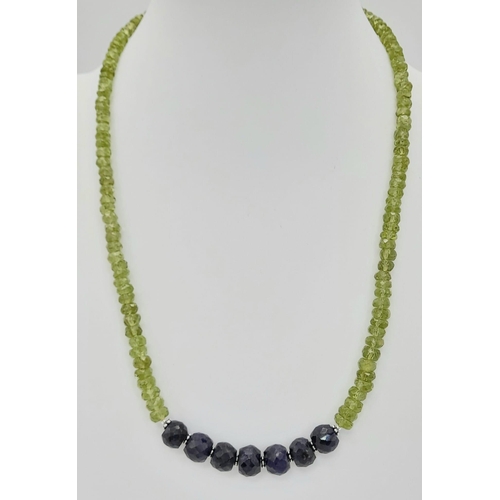 1511 - 925 Sterling Silver Peridot Necklace with Blue Sapphires and  Sapphire clasp. 32.33grams. 155ct Peri... 