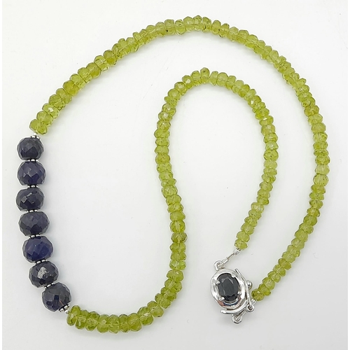 1511 - 925 Sterling Silver Peridot Necklace with Blue Sapphires and  Sapphire clasp. 32.33grams. 155ct Peri... 