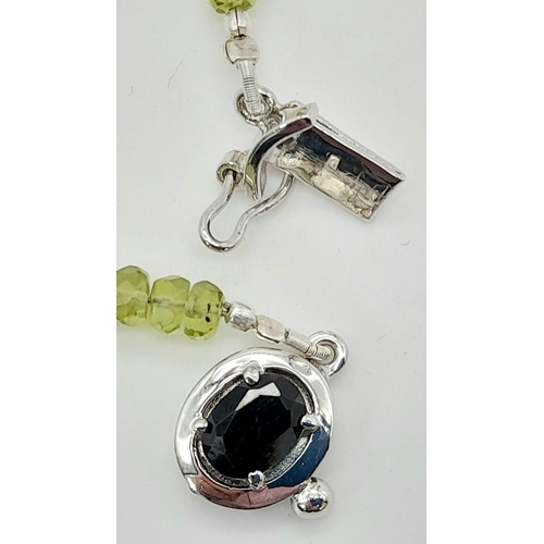 1511 - 925 Sterling Silver Peridot Necklace with Blue Sapphires and  Sapphire clasp. 32.33grams. 155ct Peri... 