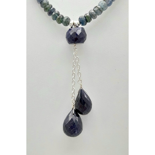 1527 - Blue Sapphire Necklace with sapphire Drop as Pendant 44cm length necklace. 4cm Pendant. Total Weight... 