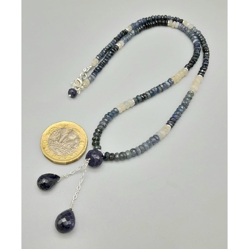 1527 - Blue Sapphire Necklace with sapphire Drop as Pendant 44cm length necklace. 4cm Pendant. Total Weight... 