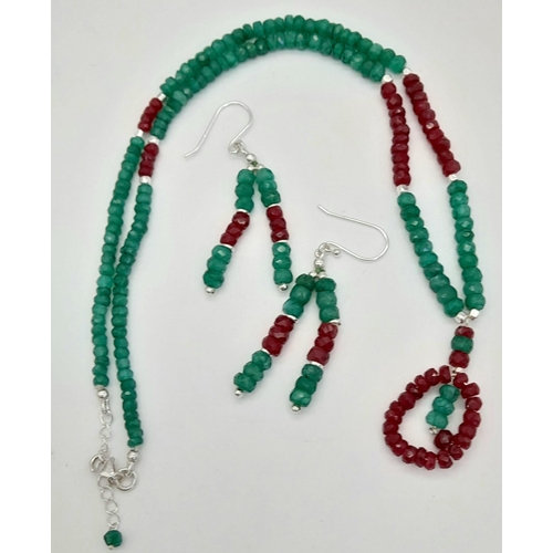 1571 - Emerald and Ruby Necklace with matching Dangler Earrings. Total Weight 24grams. 46cm in length.