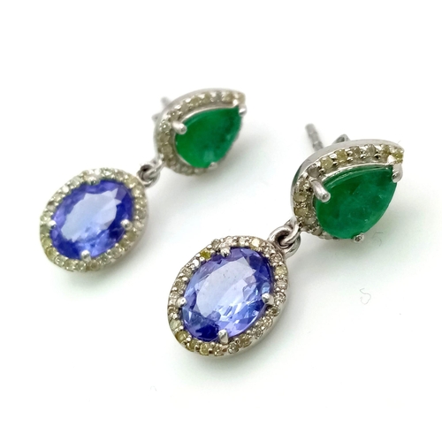 1501 - 925 Sterling Silver, Diamond, Emerald and Tanzanite Earrings. Total Weight 3.90grams. 1.35cts Emeral... 