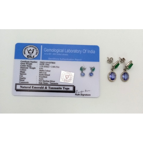 1501 - 925 Sterling Silver, Diamond, Emerald and Tanzanite Earrings. Total Weight 3.90grams. 1.35cts Emeral... 