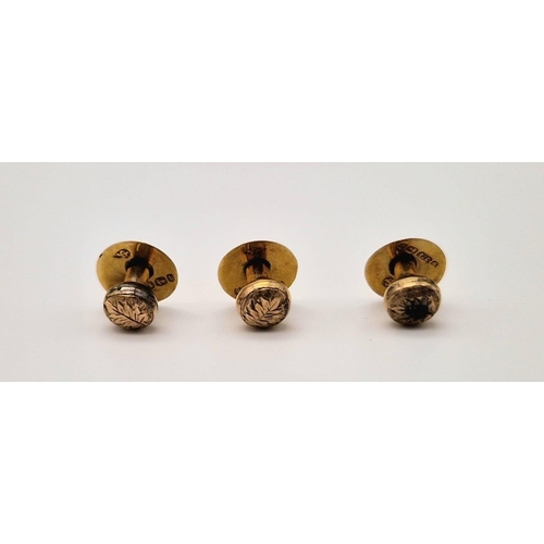 1509 - Three Antique 1876/77 9 Carat Gold Studs in Original Box from Sheffield Goldsmiths. 1.42 Grams.