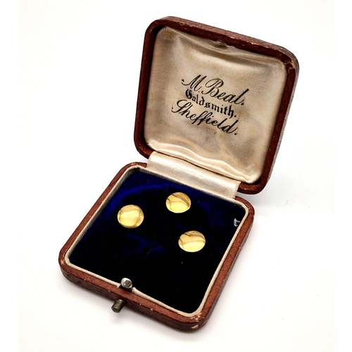 1509 - Three Antique 1876/77 9 Carat Gold Studs in Original Box from Sheffield Goldsmiths. 1.42 Grams.