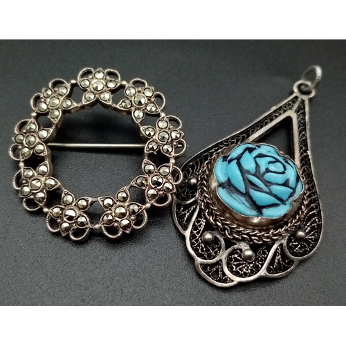 1534 - A Parcel of Two Vintage or Antique Silver Filigree Items Comprising; A Carved Turquoise Set Flower P... 