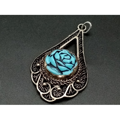 1534 - A Parcel of Two Vintage or Antique Silver Filigree Items Comprising; A Carved Turquoise Set Flower P... 