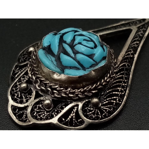 1534 - A Parcel of Two Vintage or Antique Silver Filigree Items Comprising; A Carved Turquoise Set Flower P... 