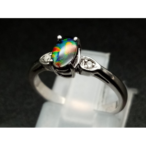 1530 - New Sterling Silver Limited Edition AA Grade Ammolite (Similar to Fire Opal) and Diamond Ring Size J... 