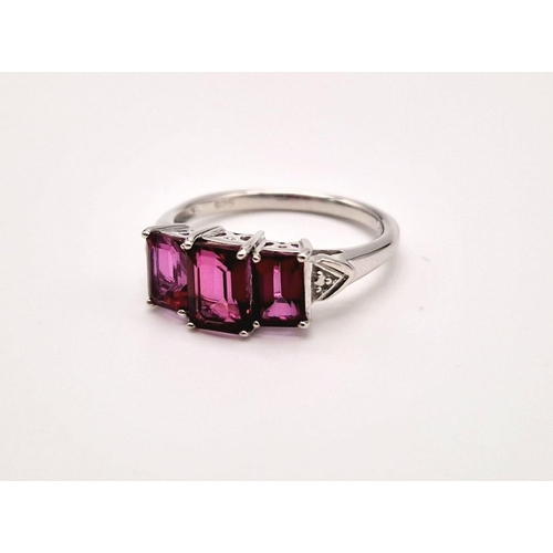 1526 - New Sterling Silver 3 Tourmaline Set Ring Size O. 6 & 7mm Rectangle Cut. 2.74 Grams. Filigree Mount.