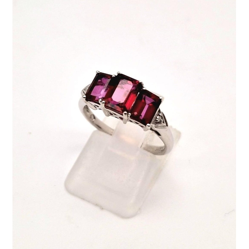 1526 - New Sterling Silver 3 Tourmaline Set Ring Size O. 6 & 7mm Rectangle Cut. 2.74 Grams. Filigree Mount.