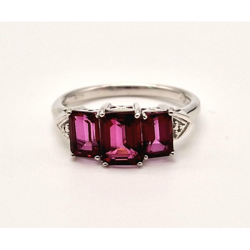 1526 - New Sterling Silver 3 Tourmaline Set Ring Size O. 6 & 7mm Rectangle Cut. 2.74 Grams. Filigree Mount.