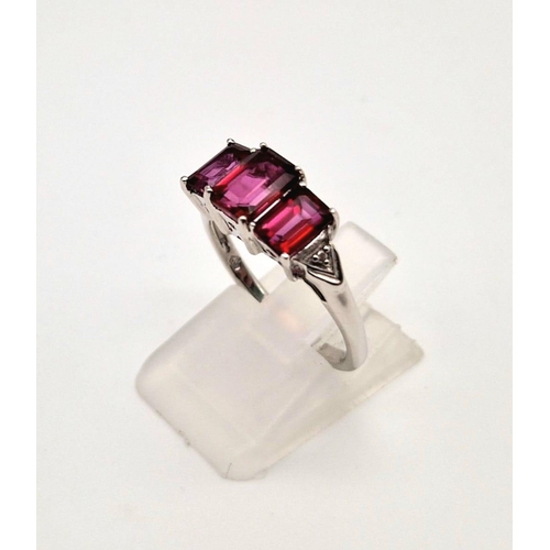 1526 - New Sterling Silver 3 Tourmaline Set Ring Size O. 6 & 7mm Rectangle Cut. 2.74 Grams. Filigree Mount.