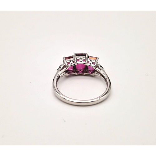 1526 - New Sterling Silver 3 Tourmaline Set Ring Size O. 6 & 7mm Rectangle Cut. 2.74 Grams. Filigree Mount.