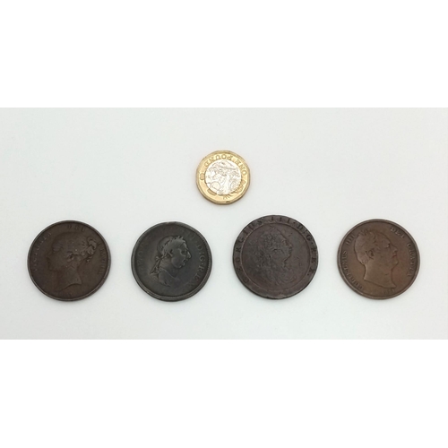 1598 - Four Copper Antique Penny Coins - 1797, 1806, 1831 and 1853. Please see photos for conditions.