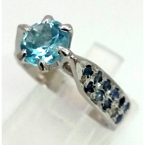 1413 - Blue Sapphire & Blue Topaz Silver Ring. 925 Sterling silver. 4.5g. Size N.