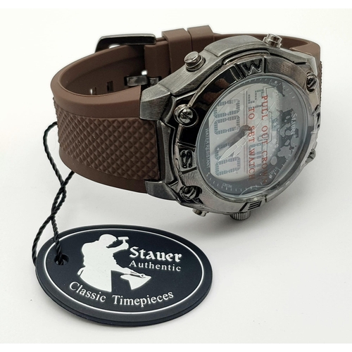 1226 - A Stauer Digital and Analogue Statement Gents Watch. Brown rubber strap. Steel and ceramic case - 48... 