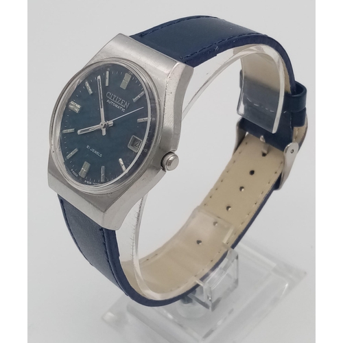 254 - A Vintage Citizen Automatic Gents Watch. Blue leather strap. Stainless steel case - 36mm. Blue dial ... 