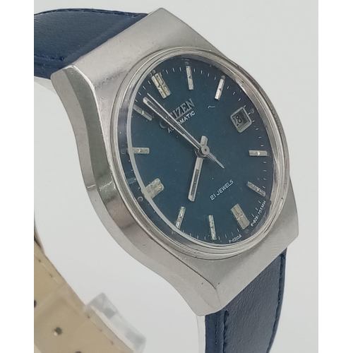 254 - A Vintage Citizen Automatic Gents Watch. Blue leather strap. Stainless steel case - 36mm. Blue dial ... 