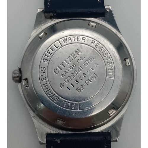 254 - A Vintage Citizen Automatic Gents Watch. Blue leather strap. Stainless steel case - 36mm. Blue dial ... 