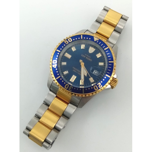 261 - A Detomaso San Remo Professional Automatic Gents Watch.
Two tone strap and case - 43mm. Blue dial wi... 