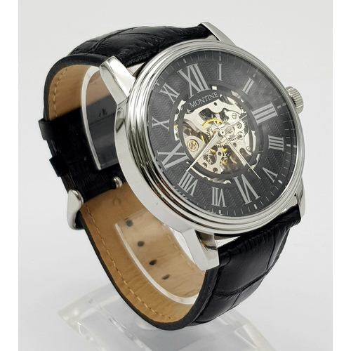 268 - A Montine Skeleton Automatic Gents Watch. Black leather strap. Stainless steel case - 43mm. In excel... 