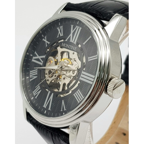 268 - A Montine Skeleton Automatic Gents Watch. Black leather strap. Stainless steel case - 43mm. In excel... 