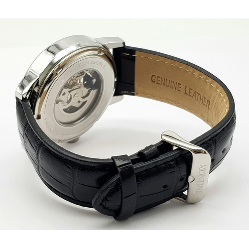 268 - A Montine Skeleton Automatic Gents Watch. Black leather strap. Stainless steel case - 43mm. In excel... 