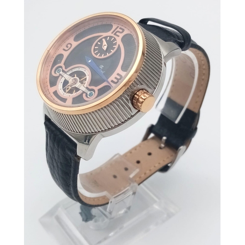 289 - An Oskar Emil Automatic Gents Skeleton Watch. Black leather strap. Two tone stainless steel case - 4... 