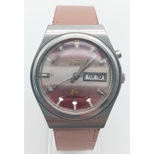 89 - A Vintage Ricoh 21 Jewel Automatic Gents Watch. Pink leather strap. Stainless steel case - 36cm. Pin... 