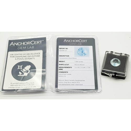 96 - A 7.56ct Aquamarine Gemstone with Anchor Certificate.