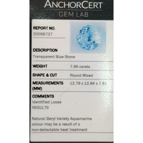 96 - A 7.56ct Aquamarine Gemstone with Anchor Certificate.