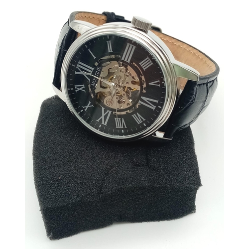 996 - A Montine Skeleton Gents Watch. Black leather strap. Case - 42mm. Automatic movement in working orde... 