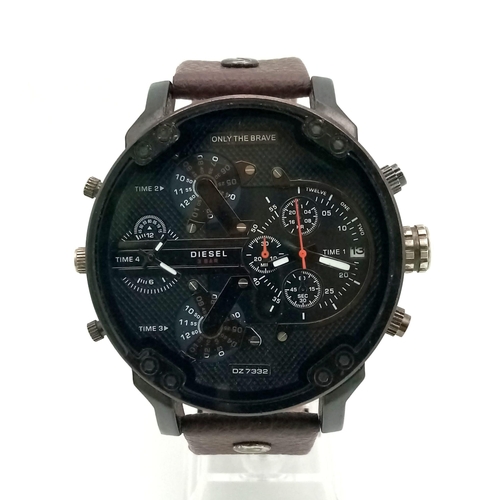 1336 - A Diesel Only The Brave Chronograph Quartz Gents Watch. Brown leather strap. Case - 52mm. Black dial... 