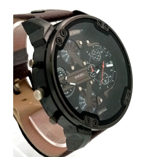 1336 - A Diesel Only The Brave Chronograph Quartz Gents Watch. Brown leather strap. Case - 52mm. Black dial... 