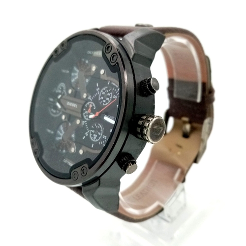 1336 - A Diesel Only The Brave Chronograph Quartz Gents Watch. Brown leather strap. Case - 52mm. Black dial... 