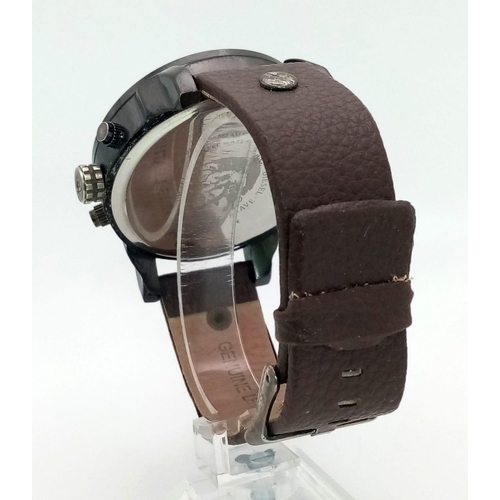 1336 - A Diesel Only The Brave Chronograph Quartz Gents Watch. Brown leather strap. Case - 52mm. Black dial... 