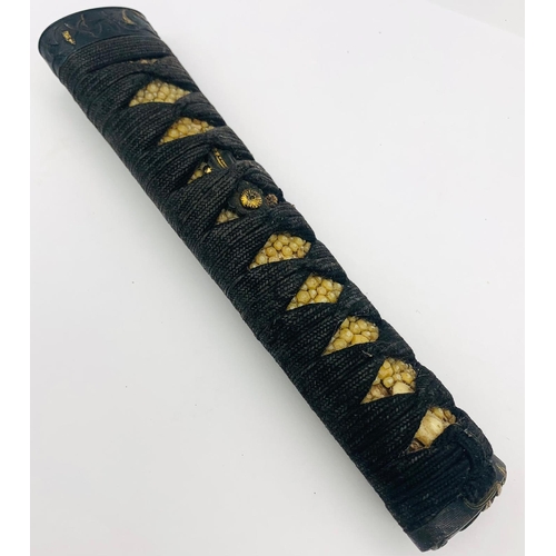 144 - AN ANTIQUE SAMURAI LACQUERED SAYA , TSUKA , WITH ORNATE GILT SHAKUDO FUCHI MENUKI, TSUBA AND SEPPA H... 