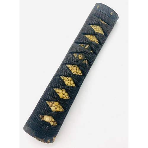 144 - AN ANTIQUE SAMURAI LACQUERED SAYA , TSUKA , WITH ORNATE GILT SHAKUDO FUCHI MENUKI, TSUBA AND SEPPA H... 