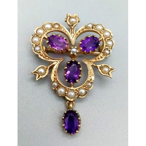 150 - 9K YELLOW GOLD, VINTAGE AMETHYST & SEED PEARL, DROP PENDANT AND BROOCH. WEIGHS 5.1G