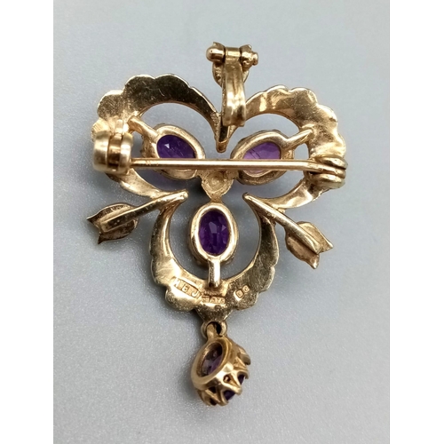 150 - 9K YELLOW GOLD, VINTAGE AMETHYST & SEED PEARL, DROP PENDANT AND BROOCH. WEIGHS 5.1G