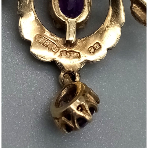 150 - 9K YELLOW GOLD, VINTAGE AMETHYST & SEED PEARL, DROP PENDANT AND BROOCH. WEIGHS 5.1G