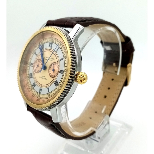 169 - A Geo Chatterton Gents Watch. Brown leather strap (broken). Two tone case - 45mm. Three tone dial wi... 