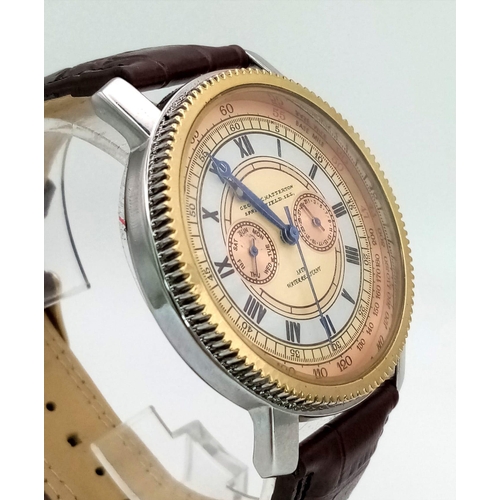 169 - A Geo Chatterton Gents Watch. Brown leather strap (broken). Two tone case - 45mm. Three tone dial wi... 