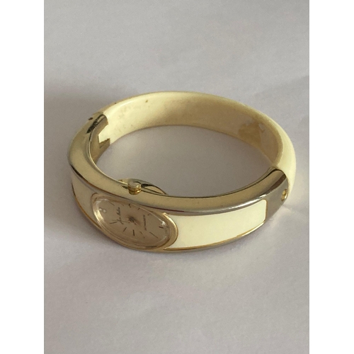 322 - Rare Vintage JEAN BELLVE ladies bracelet watch. Finished in gold tone and cream Bakelite. Having Ova... 